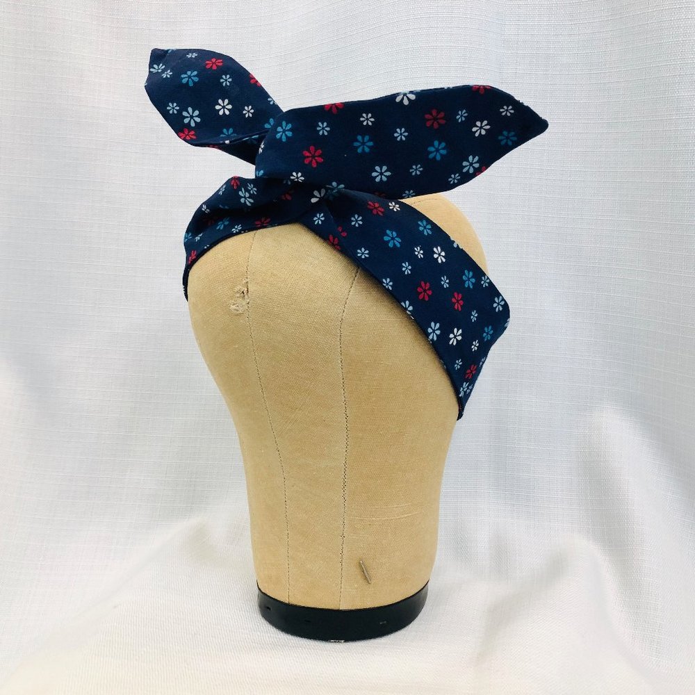 Navy Blue Floral Dolly Bow Headband